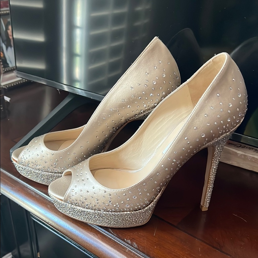Cream Platform Peep-Toe Heels with Stiletto